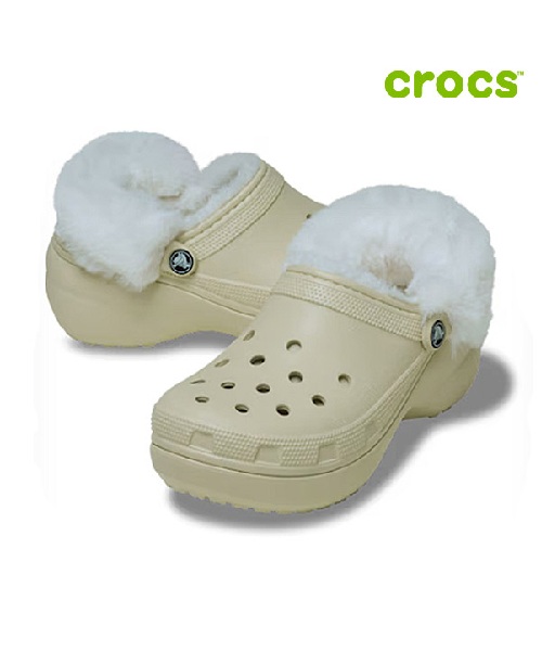 [크록스] 클래식 플랫폼 라인드 퍼즈 스트랩 클로그 여성 털샌들 212854-2Y2 W5